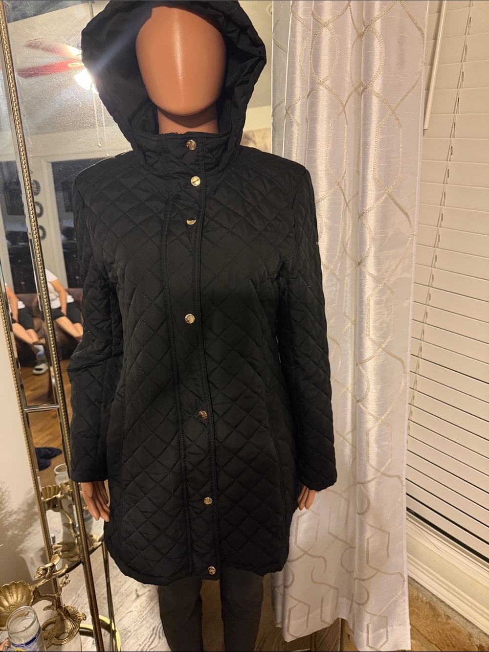 Tommy Hilfiger Black Quilted Hooded Pea Coat